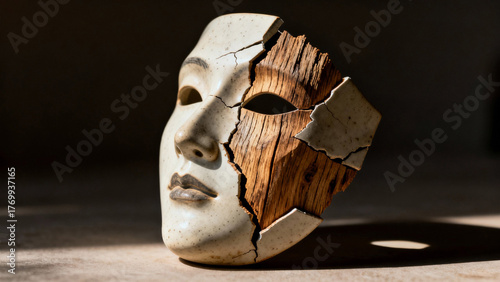 Broken ceramic mask showing natural wood grain, textured surface with side lighting. event programs, museum guides, designed for cultural heritage projects and event programs.
