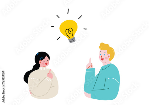 アイディアを閃く日本人女性と白人男性