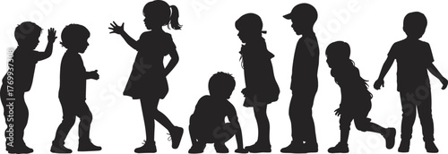 Children silhouettes vector illustration of kids playing, standing, and walking, black child figures design for education, family, and childhood projects