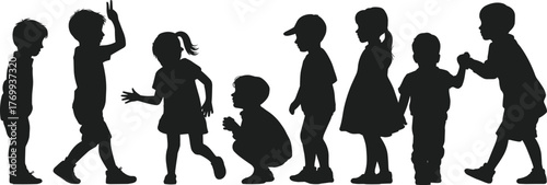 Children silhouettes vector illustration of kids playing, walking, and standing, black child figures design for family, education, and childhood projects
