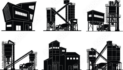 Concrete batching plant buildings and cement silos with mixer trucks vector illustration set for industrial construction and materials production