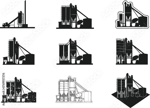 Concrete batching plant vector icons set with industrial silos, mixers, and conveyor systems for construction materials production illustration