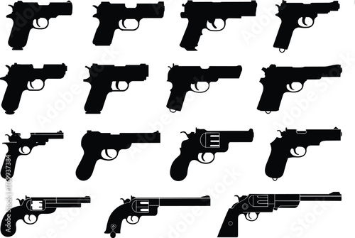 Handgun silhouettes collection vector set of pistols and revolvers, black weapon icons illustration design for security, military, and vintage style projects
