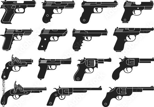 Pistol and revolver silhouettes vector collection, black handgun icons set, firearm illustration design for military, police, security, and vintage projects