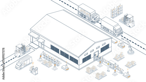 Smart logistics automated warehouses, efficient labor, wireless transport, robotics, Industry 4.0 with AGV and AMR.
