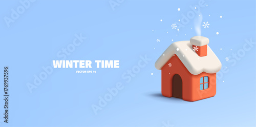 Winter time. 3D building of a country house with snow on the roof. Minimalistic icon with snow. Cozy house. Celebration. Vector illustration.