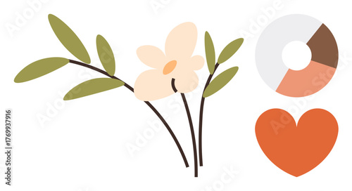 Floral branch with green leaves and a beige flower, paired with a segmented pie chart and an orange heart shape. Ideal for nature, love, growth concept, wellness, eco-design, creativity, simple flat