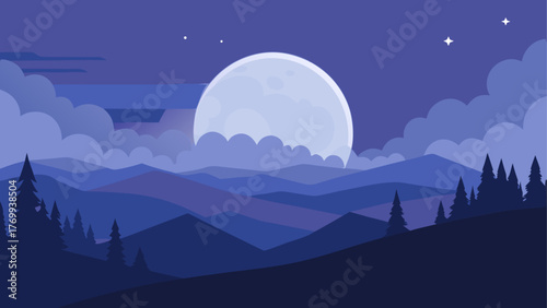 Serene night landscape with a large moon over layered mountains and pine trees