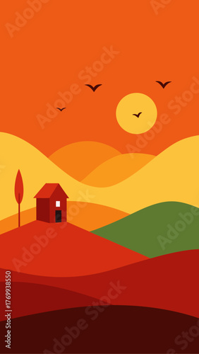 Minimalist abstract landscape with a red house and birds at sunset