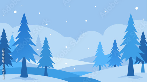 Stylized winter landscape with snowing evergreen trees and rolling hills