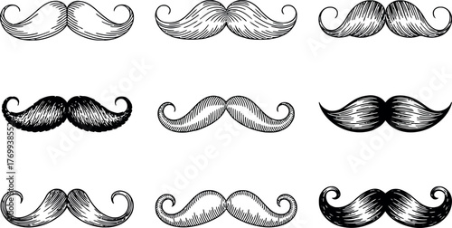  collection of nine distinct mustaches is intricately drawn in a vintage, etched style, showcasing a variety of shapes and curls.