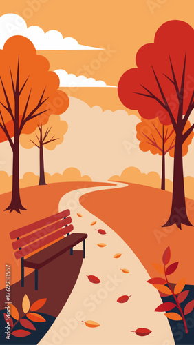 Autumn park scene with a winding path and a solitary bench under colorful trees