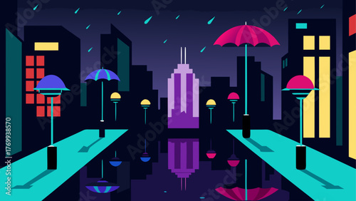 Stylized cityscape at night with umbrellas and rain