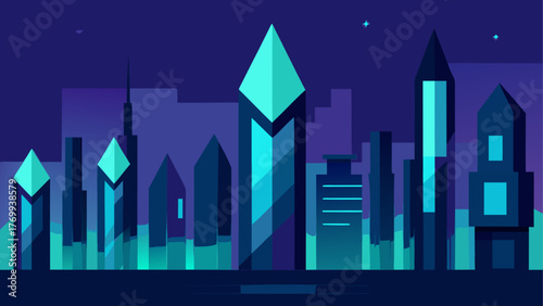 Futuristic cityscape with geometric skyscrapers at night