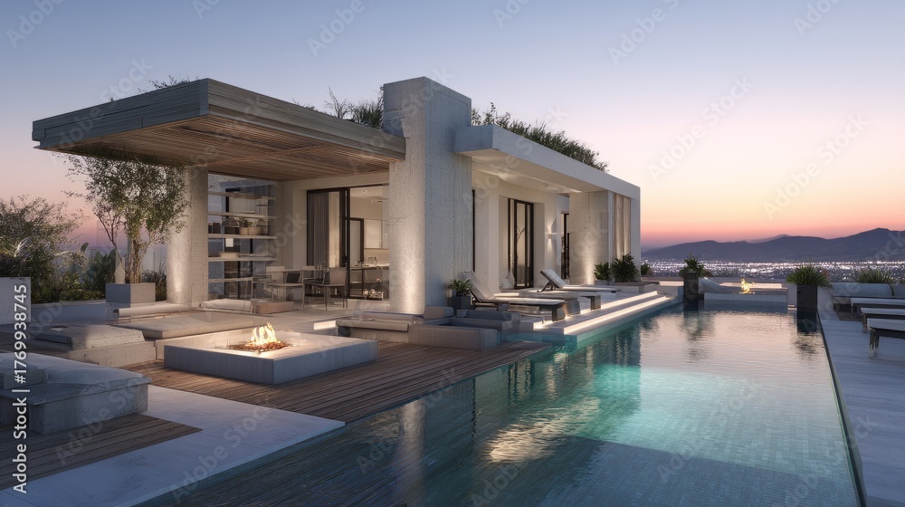 Obraz premium Modern luxury villa with swimming pool and outdoor lounge area