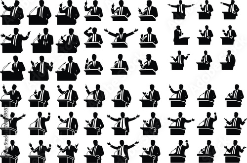 Man Speaking at Podium Icon Set Public Speaker Presentation Silhouette Collection