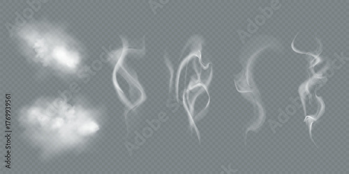 Transparent vector smoke and cloud set. Realistic fire smoke, white fluffy cloud, fog wave, and chimney smoke with overlay effect. Ideal for weather illustration, sky backgrounds