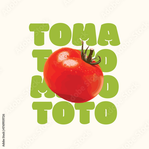  T-shirt combines a vibrant tomato print with bold green “Tomato” text for a laid-back retro streetwear feel