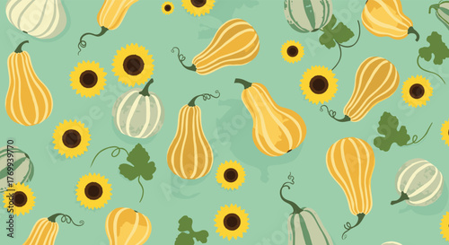 Seamless fall pattern with striped gourds, squashes, and bright sunflowers on a teal background for harvest and autumn designs.