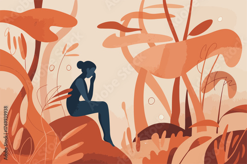 A solitary woman sits pensively amidst an abstract landscape of rich, earthy tones, featuring stylized trees and subtle natural elements. 