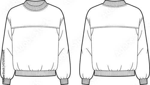 Sweatshirt fashion flat sketch, front and back technical drawing, ribbed crew neck, puff sleeve relaxed fit, garment template, apparel design illustration, clothing construction vector