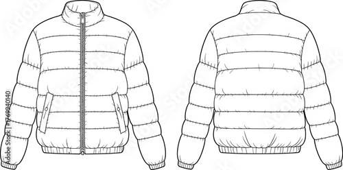 Puffer jacket technical flat sketch, front and back view, quilted winter coat fashion design, garment template illustration, outerwear apparel drawing, clothing vector mockup
