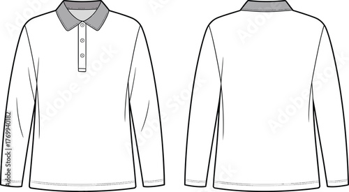 Long sleeve polo shirt fashion flat sketch, technical garment drawing front and back view, apparel design template, clothing specification sheet, vector illustration, blue outline