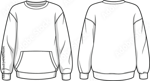 Technical flat sketch sweatshirt front back view, crew neck pullover, kangaroo pocket, ribbed cuffs hem, fashion apparel template, clothing design illustration, vector outline drawing