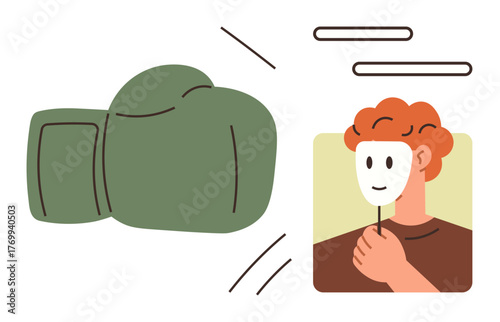 Green boxing glove hitting a mask held by a person, symbolizing exposure, truth, conflict. Ideal for deception, identity, vulnerability, confrontation justice personal growth honesty. Simple flat