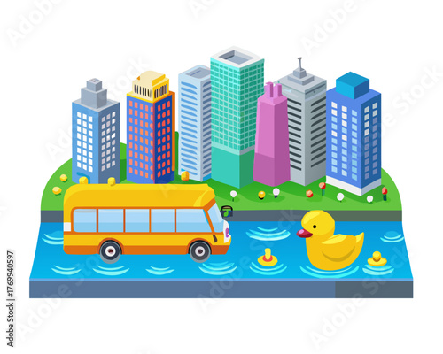 Cityscape: A vibrant cartoon illustration portrays a dynamic cityscape with skyscrapers and diverse vehicles, including a bus. A yellow rubber duck floats gently on the water.
