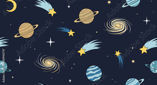 Hand-drawn seamless space pattern featuring planets, stars, comets, galaxies, and moons on a dark blue cosmic background.