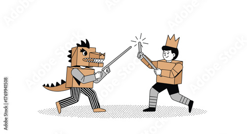 Two children in homemade cardboard box costumes, one as a dragon and one as a king, engaged in a playful fantasy battle with sticks.