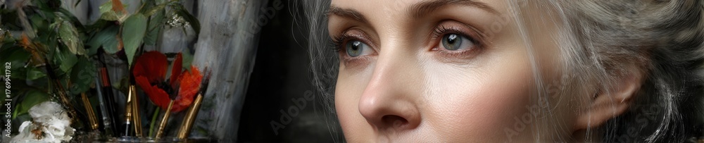 Obraz premium Close-up portrait of an older person with natural face lines and gentle light showing deep character and warmth.
