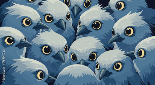 A dense gathering of pixel art birds with piercing yellow eyes staring intently in various directions.