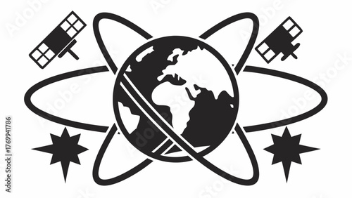 Global communication network concept with orbiting satellites and stars, excellent for technology, science, or international business projects