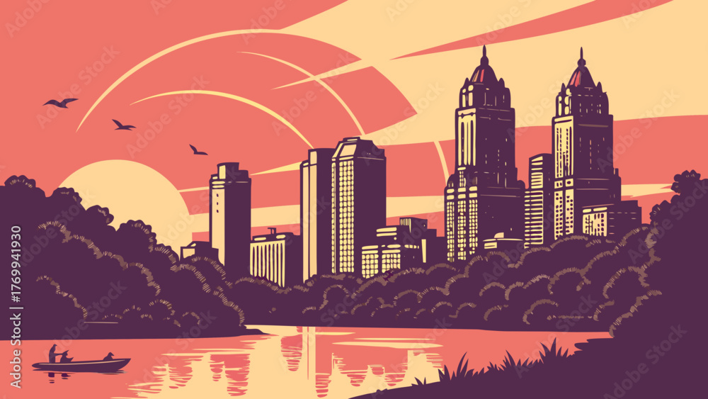 Naklejka premium Atlanta skyline vector with a central park comparison, perfect for citythemed designs, travel brochures, and urban poster illustrations.