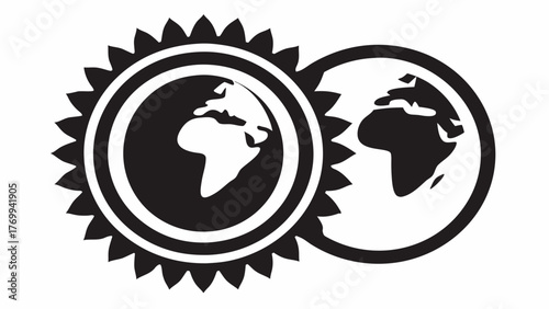 Global partnership, interconnected world, international collaboration, a gear-like globe representing worldwide industry, unity and technology solutions