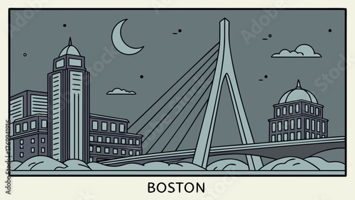 Boston skyline vector with bridge and buildings, suited for promotional materials, travel brochures, websites, and citythemed designs. Ideal for marketing.
