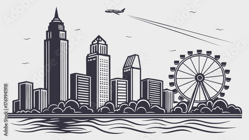 Atlanta skyline vector art suitable for travel brochures, city guides, and promotional materials, featuring iconic landmarks and vibrant city scene.