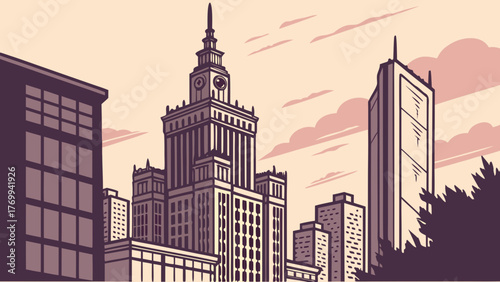Combined atlanta and warsaw skylines vector against stylized sky. Suitable for travel, urban, architectural, and internationalthemed designs.