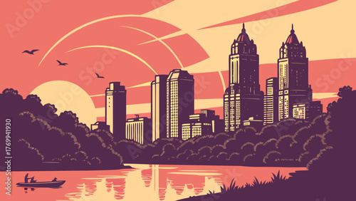 Atlanta skyline vector with a central park comparison, perfect for citythemed designs, travel brochures, and urban poster illustrations.