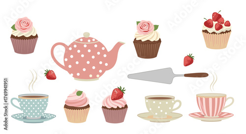 Charming illustration showcasing a delightful collection of tea party essentials like cupcakes, teacups, a teapot, and fresh strawberries.