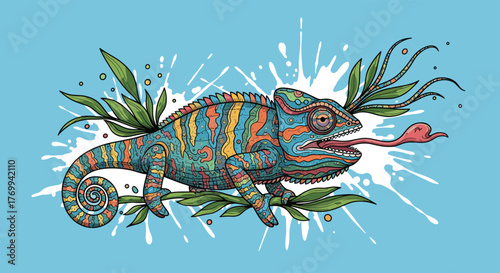 Vibrant, intricately patterned chameleon illustration with its tongue extended, perched on a branch with leaves on a dynamic splattered blue background.