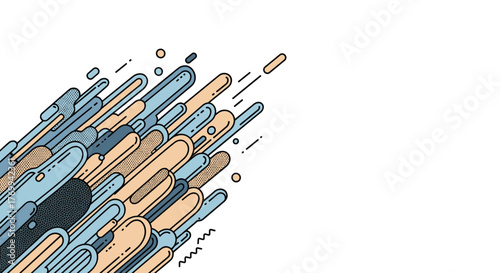 Dynamic abstract background featuring a flow of capsule-like elements and dots in muted colors, creating a sense of movement.