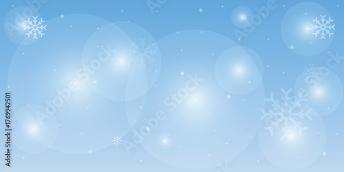 Natural Winter Christmas background with blue sky, heavy snowfall, snowflakes in different shapes and forms, snowdrifts. Winter landscape with falling 