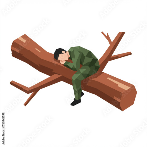 Soldier Resting on Tree Trunk Low Poly Vector Illustration