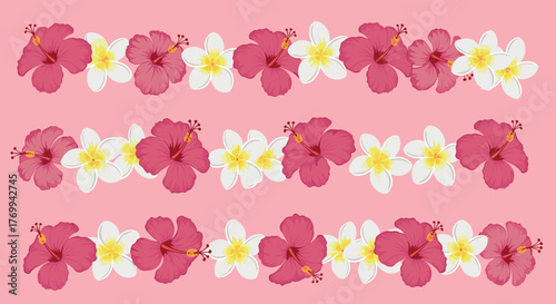 Vibrant tropical floral borders with pink hibiscus and white plumeria blossoms creating a seamless pattern on a soft pink background.
