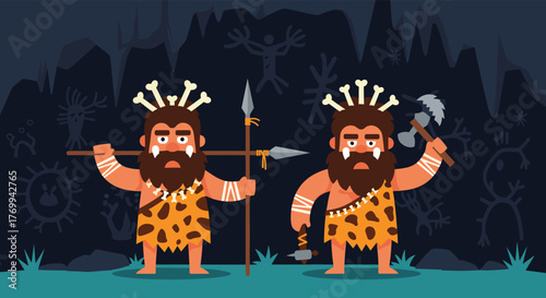 Two cartoon cavemen stand in a prehistoric cave, equipped with primitive tools and bone headwear.