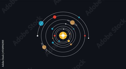 Modern abstract illustration of a vibrant solar system featuring a bright star and numerous colorful planets orbiting in the vast expanse of dark space.