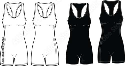 Athletic romper design template, black and white outfit, sleeveless sportswear, racerback jumpsuit, fashion mockup, activewear apparel, fitness clothing